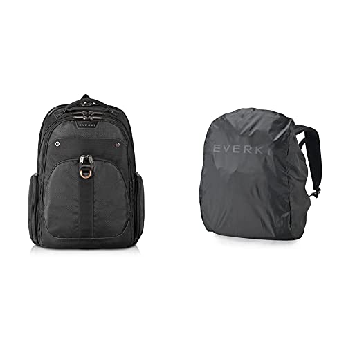Everki Atlas - Laptop Rucksack mit anpassbarem Fach für Notebooks von 13 bis 17,3 Zoll (33 - 43,9 cm), Trolley-Lasche, Schwarz & Shield EKF821 Rucksack Regenhaube schwarz Cover