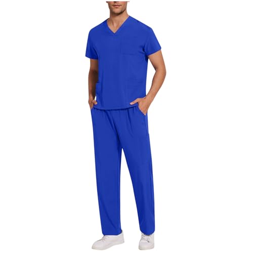 Scrubs Uniform Scrub Outfit Sets Women and Man Scrubs Set Short Sleeve Top and Pants with Pockets Blue