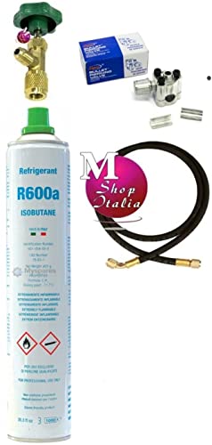 Kit de reparación de recarga para frigorífico congelador con cilindro de gas R600a de 420 g + grifo de salida 1/4" M + tubo 90 cm + válvula perforadora para tubo cobre Cover