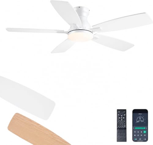 Image of JSAITEE 46in Ceiling Fans with Lights - Flush Mount Low Profile Ceiling Fan with DC Motor, 6 Speeds 3CCT Dimmable, Modern Indoor Fan Light Fixtures for Bedroom, Kitchen, White