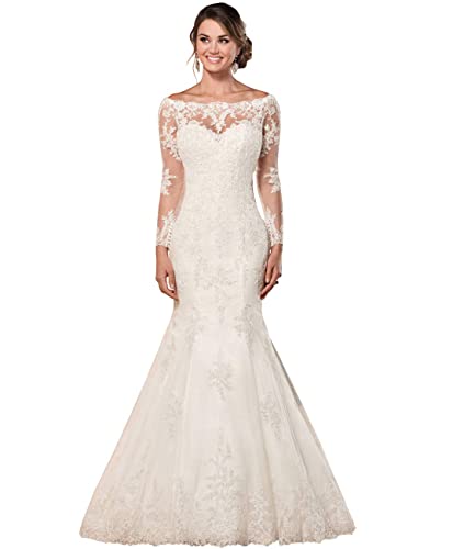 Syys Mermaid Bridal Dresses Sexy Illusion Back Scoop Neck Lace Appliques Wedding Dresses For Bride White 12 #TOP1