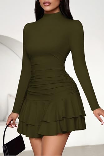 PRETTYGARDEN Women's Y2K Ruffle Layered Bodycon Mini Dress | Long Sleeve Mock Neck Ruched A-Line Fall Clothes 2026,Ribbed Knit Party Wedding Guest Cocktail Dresses,Winter Vacation Outfit - image 8