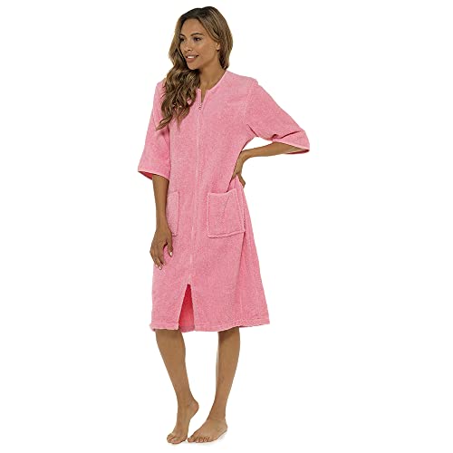 Image of Women's 100% Cotton Terry Zip Bathrobe - Short Sleeve Toweling Robe & Absorbent Housecoat