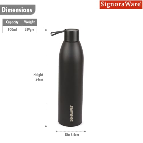 Image of SignoraWare Laguna Vacuum ISI Certified Stainless Steel Bottle,(500ml, Black), Airtight & Leakproof, Retain Freshness For Hours, Ergonomic Design, Ideal for School, Office, Gym Or Outdoors