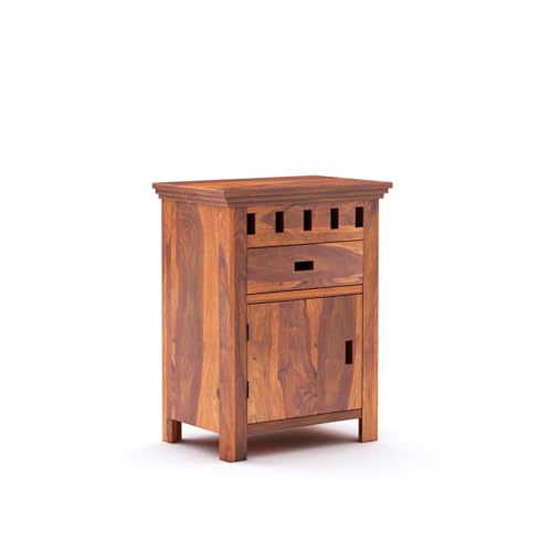 Image of Sheesham Wood Bedside Table with Drawer and Door Storage for Bedroom Wooden Nightstand End Table for Home (Honey Finish)