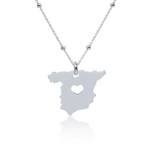 WANDA PLATA Collar Colgante Mapa de España para Mujer Plata de Ley 925, con Cadena de 40 cm + 5 cm ext en Caja de Regalo