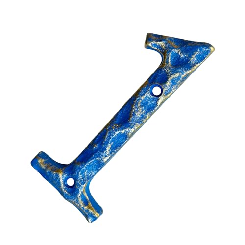 5\" High House Numbers - Hammered Surface Cast Iron Home Address or Mailbox Numbers - Easy to Install - Premium Quality Address Plaques/Gold & Blue/Number 1