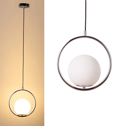 Alpinaluz Lampada a sospensione a sospensione a forma di anello con sfera di vetro opale bianco e base metallica in colore cromato, design moderno, portalampada E27
