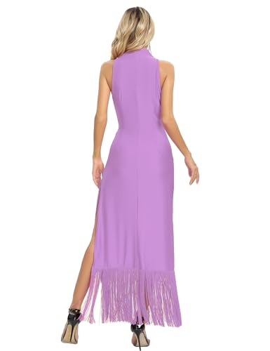 Image of Aigeman Women Vintage Flapper Dresses 1920s Great Gatsby Halter Fringed Maxi Dress Tassels High Split Formal Dress 19