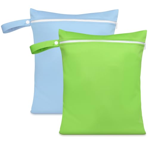 AOOSA 2PCS Wet Bags, Reusable Cloth Diaper Bags with Handle and Zipper, Lightweight Waterproof Travel Laundry Bag, Washable Wet Dry Bag for Baby Items Travel Beach Swimming Gym Camping(Green&Blue)