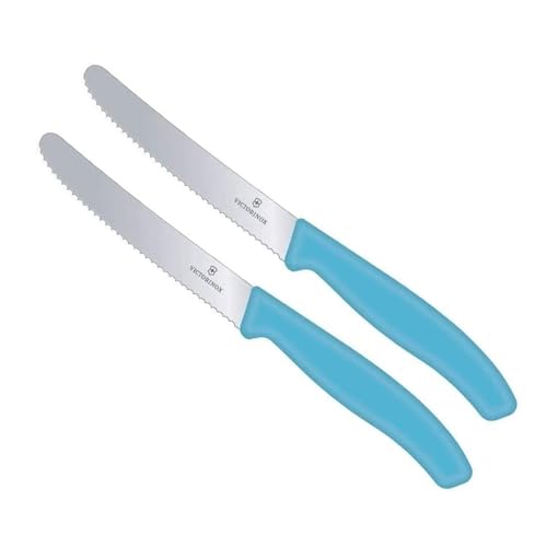 Victorinox Cuchillo de mesa Swiss Classic, 2 unidades, color azul caribe, fabricado en Suiza, ideal también como cuchillo de desayuno