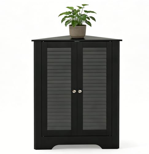 LIFEZEAL Meuble d'angle de Salle de Bain avec Porte, Armoire de Toilette Triangulaire avec Étagère Réglable, Meuble d'angle WC en Bois, 31,5 x 63 x 81 cm (Noir)