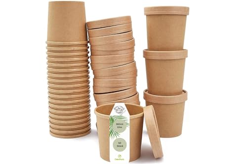 DeinPack Lot de 50 tasses à soupe à emporter avec couvercle Marron 360 ml 12 oz I Gobelet compostable avec revêtement intérieur en PLA Tasse à soupe en carton I 50 gobelets jetables bio