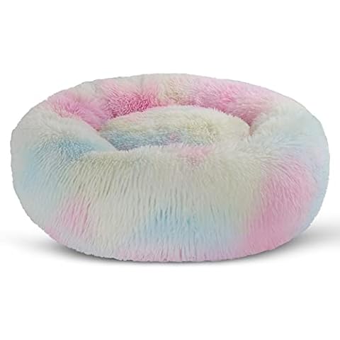 BVAGSS Small Dog Bed - Cat Bed - Calming Plush Pet Cushion Sofa Washable Anti Anxiety Round Donut Cuddler Fluffy Pillow Nest for Puppy & Kitten MW002 (24 inch, Rainbow) Cover