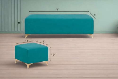 Image of Adorn India Premium Luster 8 Seater L Shape Sofa Set with 2 Puffy & 1 Center Table | Velvet Suede Fabric | 3-Year Warranty | LHS | Aqua Blue with Golden Legs & Striped Pattern Cushion