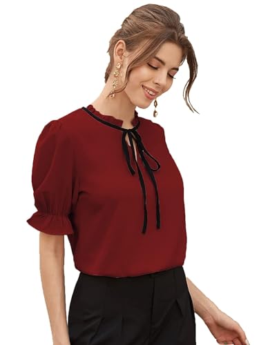 Image of Stylistico Soft Polyester Formal Stylish tie-up Office Solid Western Summer Short v-Neck Casual Plain Puff Half Sleeves Tops for Women Latest
