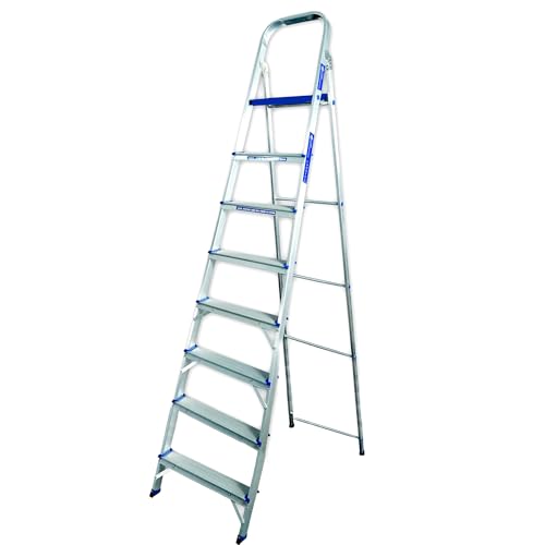 Image of Casa Copenhagen Designed in Denmark, 8-Step Foldable Aluminium Ladder Laser Cut with Super Advance Sure-Hinge Technology,7 Years Warranty - Blue