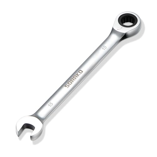 SORAKO 15mm Ratcheting Combination Wrench Chrome Vanadium Steel Gear Wrench Industrial Grade Cr-V Steel Gear Spanner Household Garage Tools(Metric)