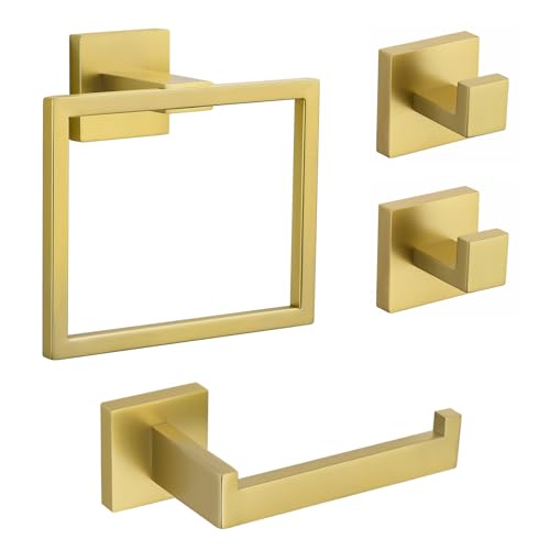TURS Brushed Gold Bathroom Accessories Hardware Set,4 Pieces Towel Ring Contemporary Style Stainless Steel 304 Towel Rail+Toilet Roll Paper Holder+Hook*2, Wall Mounted (Brushed Gold)