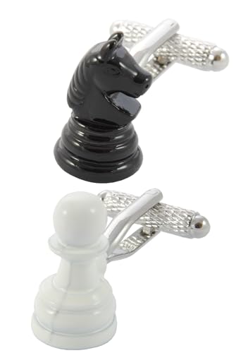 Gemelli Camicia Uomo Scacchi - Con Scatola - Imponenti Pezzi Degli Scacchi - Cavallo e Pedone - Ottone - Colori Bianco e Nero - Giochi Passatempo - Un Paio