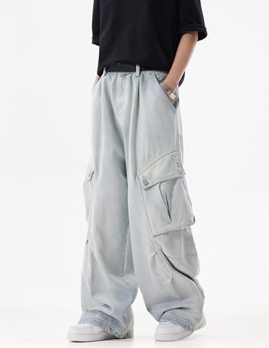 Denim Cargo Pants for Men Women Loose Casual Low-Rise Wide-Leg Stitching Pleated Floor-Mopping Jeans2