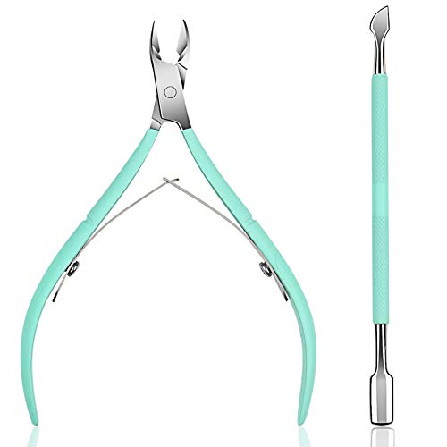 Ejiubas Cuticle Trimmer with Cuticle Pusher Cuticle Nipper Professional Grade Stainless Steel Cuticle Remover Cutter Clipper Durable Pedicure Manicure Tools (Green)