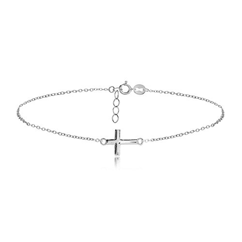 Hoops & Loops Sterling Silver Cross Thin Chain Anklet with Extender, 3 Metal Options