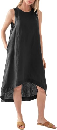 Amazhiyu Sommerkleid Damen Leinen Kleider, ärmellos Rundhals Leinen Maxikleid mit Taschen Schwarz L