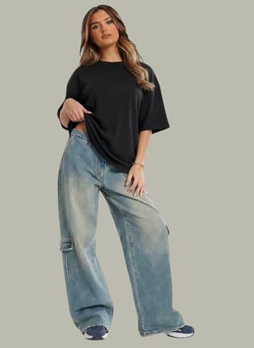 Image of RodZen Oversized Fit Half Sleeves Round Neck Textured Polycotton T-Shirt for Women /Girls (Pack of 2)