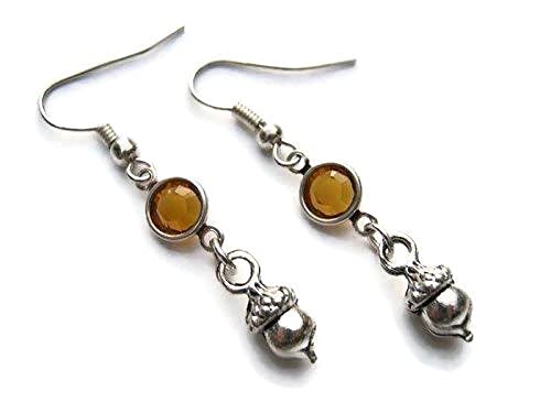 Acorn Birthstone Earrings, Personalized Acorns Earrings, Autumn Earrings, Nature Jewelry Gift
