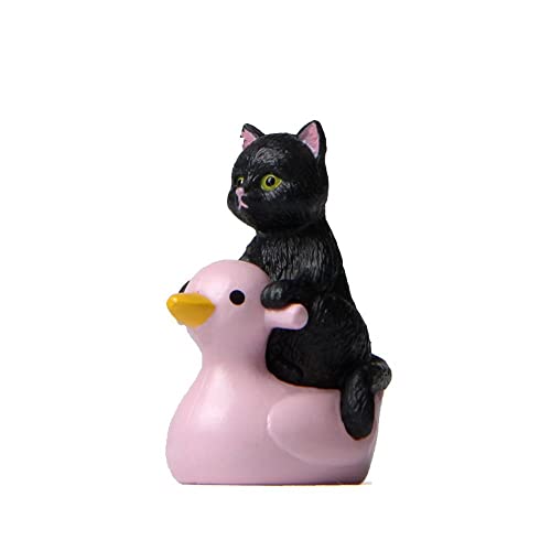 Cat Ornaments, Kawaii Figure Toys, Diy Cat Miniature, Sitting Pink Duck Cat Figurine, Small Statue Animal Model Garden Cake Plant Decor(Black) #TOP26