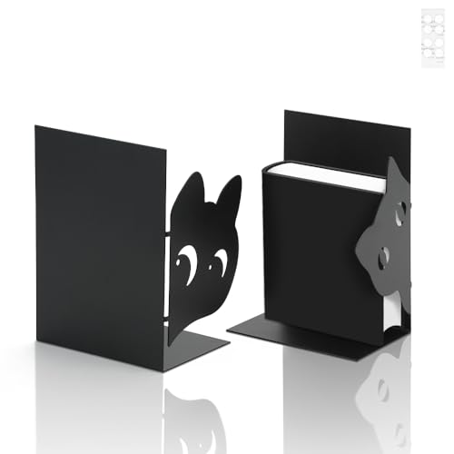 QUMENEY 1 Paar dekorative Buchstützen mit Katzenmotiv, robuste Buchstützen aus Metall mit Kätzchenmotiv für Regale, rutschfest, niedlicher Bücherstopper für Zuhause, Büro, Bibliothek, Schule, Schreibt