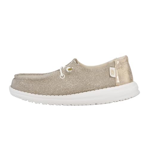 Image of HEYDUDE Girl's Youth Wendy Metallic Sparkle Slip On Loafer | Glitter Upper | Stretch Elastic Laces, Removable Foam Insole, Lightweight Flexible Outsole, Breathable Interior, Easy On System, Secure Fit