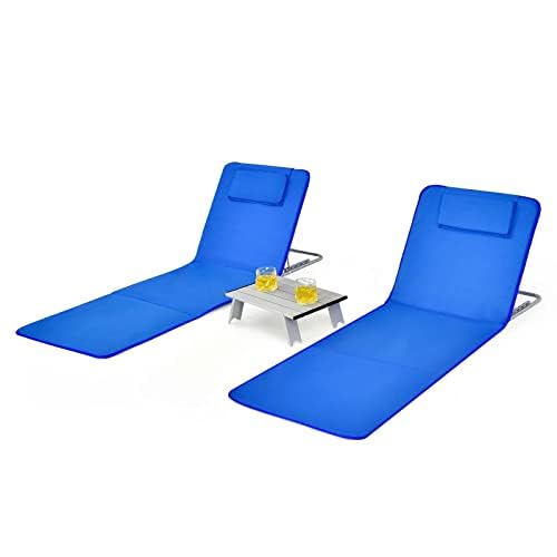 Matelas de plage dossier réglable et chaise longue de couchage avec oreiller bleu