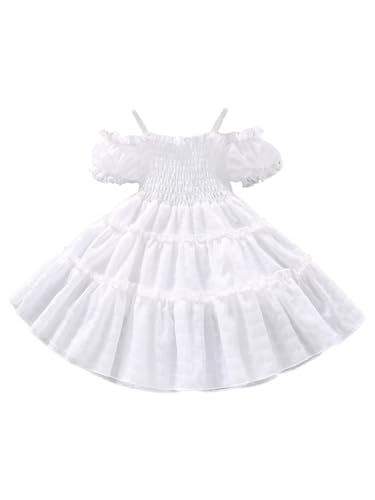 WDIRARA Toddler Girl's Cold Shoulder Puff Sleeve Smocked Swing A Line Dress