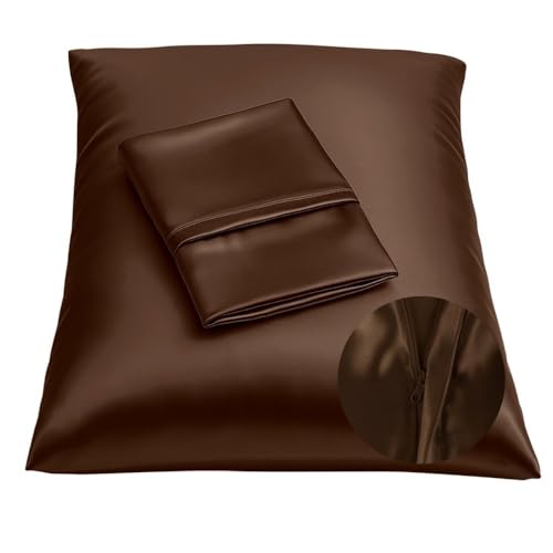 Image of BLISSFORD Brown Satin Pillowcase with Zipper, for Hair and Skin Care, Feels Soft and Cool Like a Silk Pillowcase, Satin Pillow Cases 2 Pack, Slik Pillow Cover, Standard Size, Set of 2