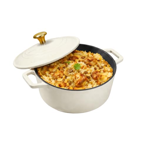Image of CUMIN CO. Cast Iron Dutch Oven 4L, 24 cm | Induction Base Cookware | 10 Years Warranty | Non Toxic Non Stick Biryani Pot with Lid | Heavy Bottom | Chemical Free Coating | Free Accessories | White