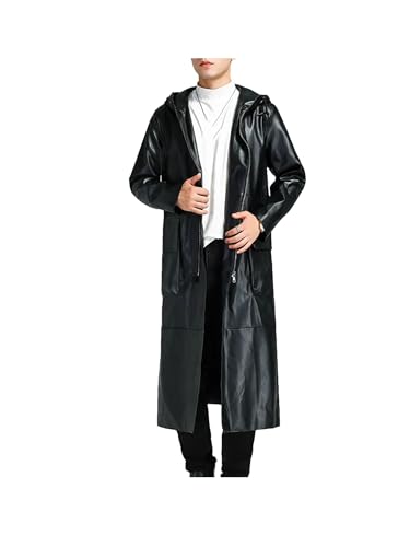 Trench coat en cuir PU homme noir long à capuche veste imperméable mi-saison