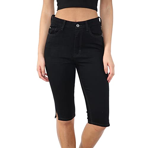 MYT Womens High Waist Denim Shorts Ladies Stretch Summer Knee Length Pants Black, 12