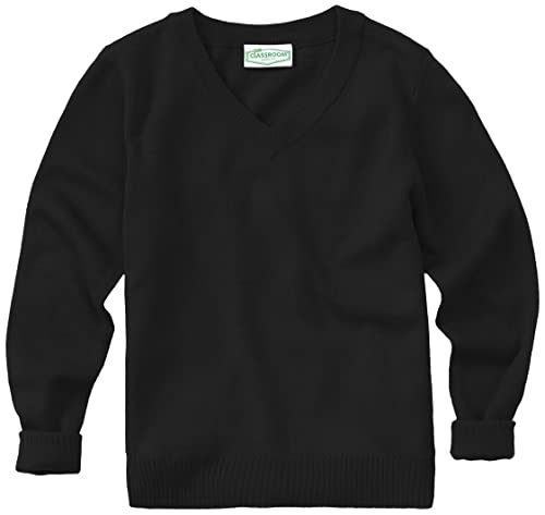 Classroom School Uniforms Men's Adult Unisex Long Sleeve V-Neck Sweater, Black, Large