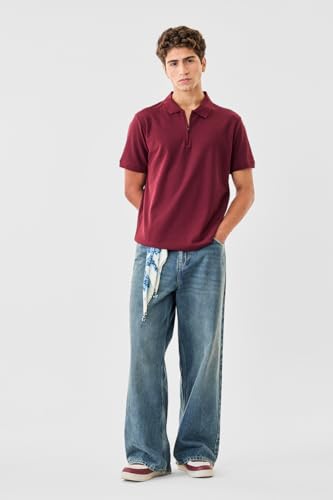 Image of SNITCH Men Polo T-Shirt | Modern Zip Closure & Textured Weave Design | 100% Cotton Breathable Fabric & Regular Fit Minimalist Style, Versatile Casual Wear