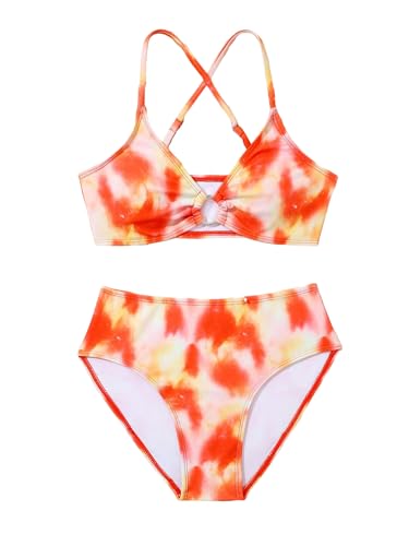 Image of WDIRARA Girl's 2 Piece Boho Tie Dye Swimsuits Ring Linked Criss Cross Bikini Set Beach Bathing Suit