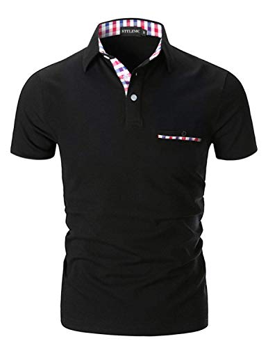 STTLZMC Casual Polo Hombre Mangas Corta Camisetas Deporte Algodón Clásico Plaid Cuello (3XL, Negro) Cover