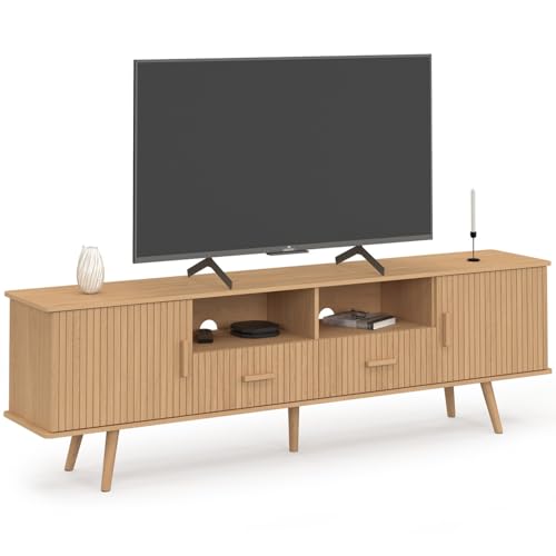IDMarket - Meuble TV 180 cm Juliette 2 Portes et 2 tiroirs Lattes tasseau Bois Coloris chêne