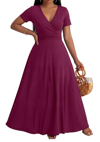 Image of CLOCOR Maxi Dress for Women Long Summer Short Sleeve Evening Formal V Neck A Line Dresses Wedding Guest Empire Waist Elegant
