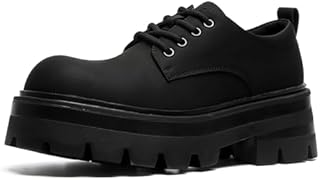 Men's Leather Platform Oxfords - Classic Round Toe Lace Up Dress Shoes -Comfort Non-Slip Lug Sole Chunky Heel Heightening Derby Shoes