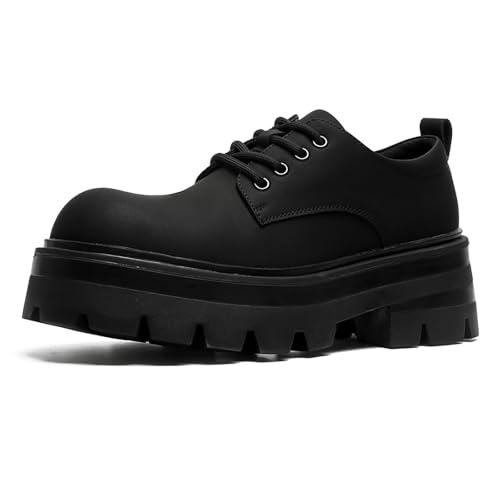 Men's Leather Platform Oxfords - Classic Round Toe Lace Up Dress Shoes -Comfort Non-Slip Lug Sole Chunky Heel Heightening Derby Shoes (Black,7)