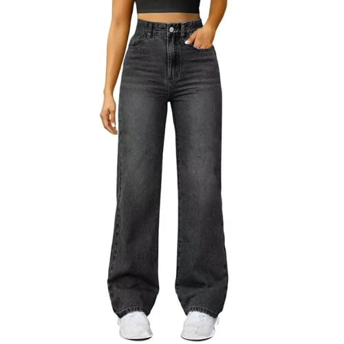 KPBKQLGA Jeans for Women High Waist Straight Wide Leg Jean Loose Stretchy Baggy Casual Tummy Control Denim Pants with Pocket (Black,L)