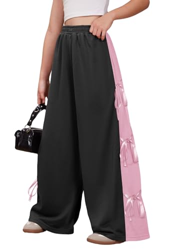 Girls Fall Cute Bowknot Side Wide Leg Sweatpants Y2K Color Block Baggy Track Pants 5-14 Years
