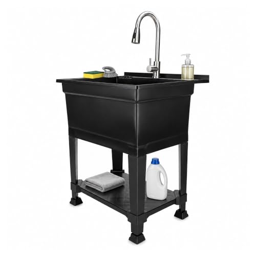 UTILITYSINKS Freestanding Utility Tub Sink with Faucet, Black, 30x24 in